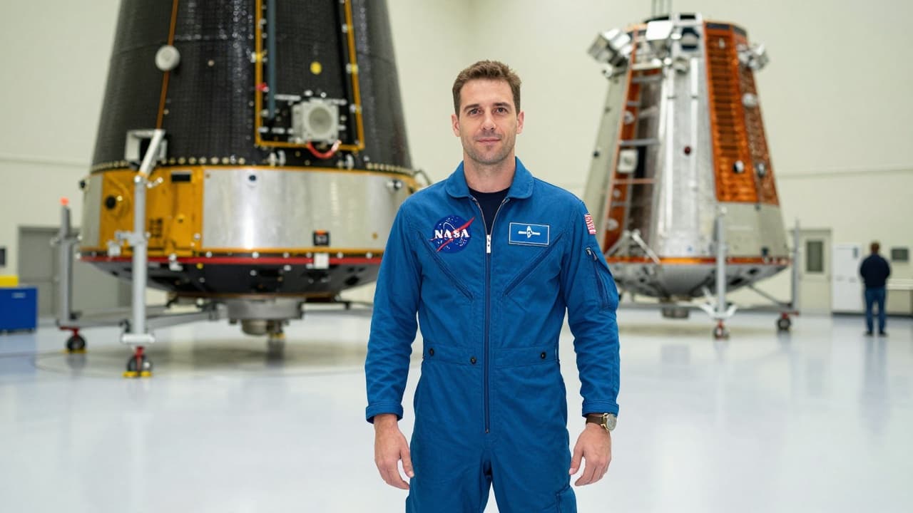 Astronaut u plavoj odjeći u čistoj sobi